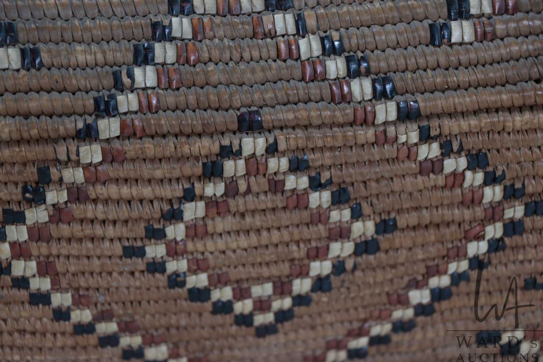 Antique Squamish/ Salish woven reed basket with decorative coloured ...