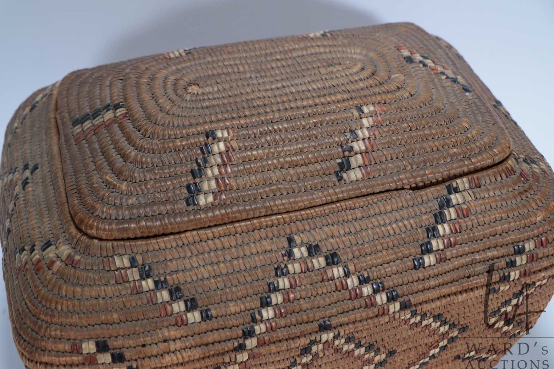 Antique Squamish/ Salish woven reed basket with decorative coloured ...