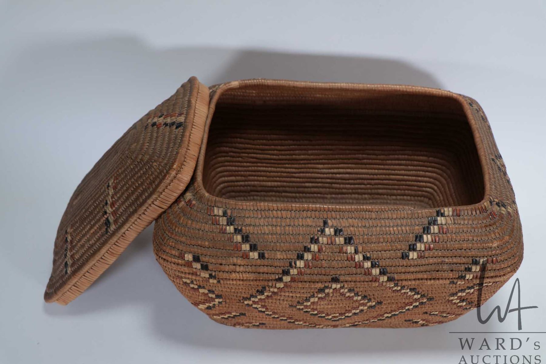 Antique Squamish/ Salish woven reed basket with decorative coloured ...