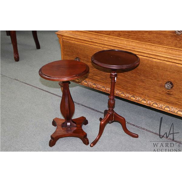 Two vintage mahogany single pedestal wine tables including an 18" and 21"