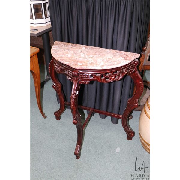 Antique style marble top D-table with decorative skirts and supports, approximately 30  X 16  X 31 