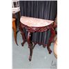 Image 1 : Antique style marble top D-table with decorative skirts and supports, approximately 30" X 16" X 31"