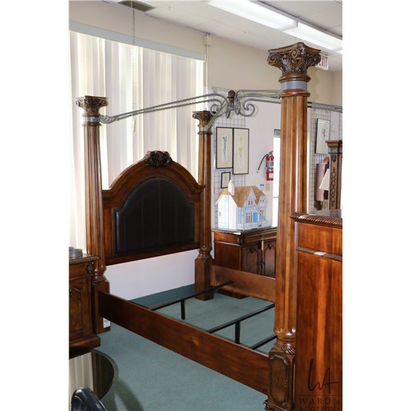 Large contemporary four poster bed with padded headboard to fit queen sized bed