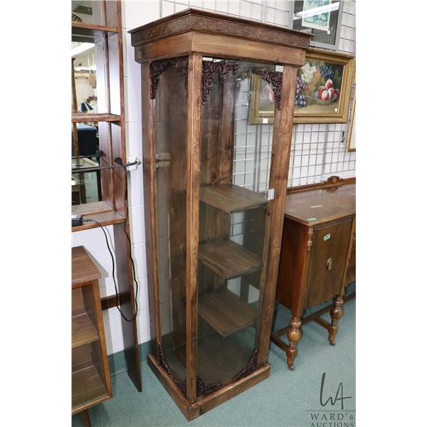 Hand made single door curio display cabinet with three fixed side mounted shelves, 20" wide X 17" de