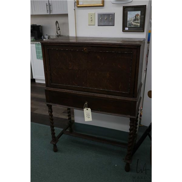 Antique fall writing desk with fitted interior and barley twist supports, 32  X 16  X 46  in height