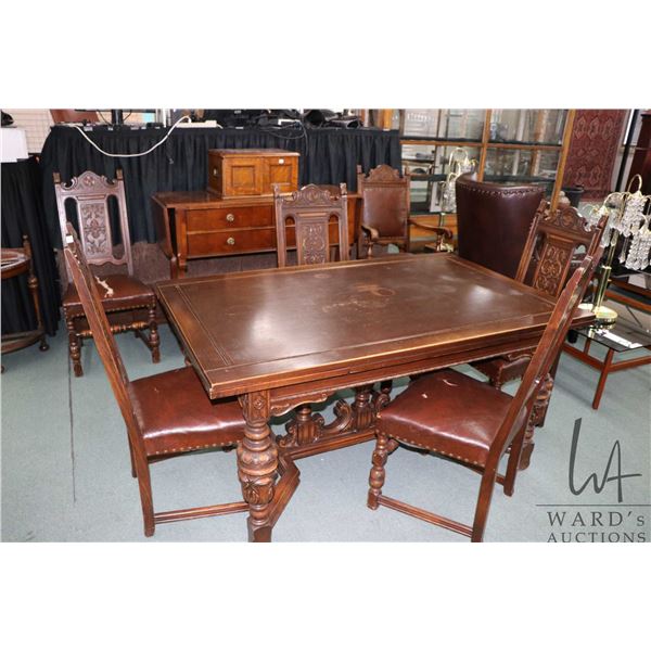 Antique refractory style oak draw leaf dining table with heavy bulbous supports 39  X 61  plus two 1