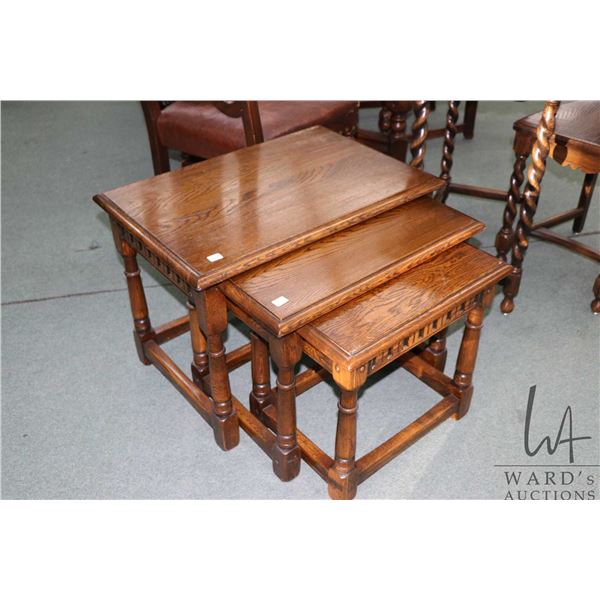 Set of three Canadian made oak nesting tables, made by Laidler Vancouver