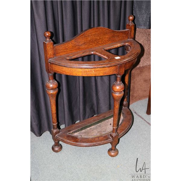 Antique Tudor style oak stick/ umbrella stand with original drip tray, 23  X 10  X 29  in height