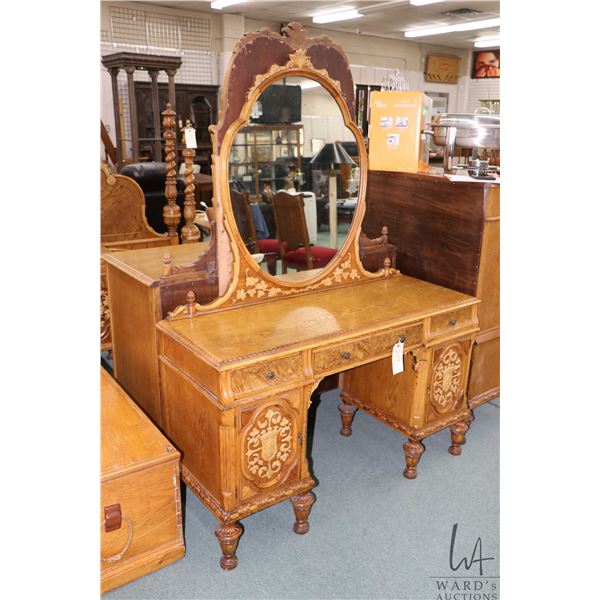 Antique oak double pedestal mirrored vanity to match lot 207 and 208