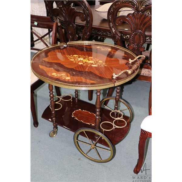 Vintage Italian inlaid marquetry drinks trolley with brass galley and bottle storage