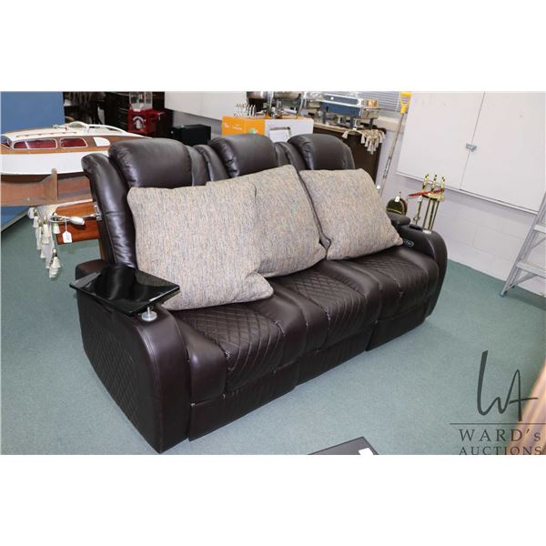 Modern upholstered Cinema power reclining sofa, with fold down center console, 115 volt and USB char