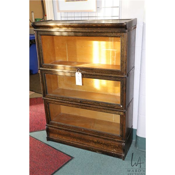 Antique oak three section, Macey stacking book shelf, plus base and top, note top has water damage a