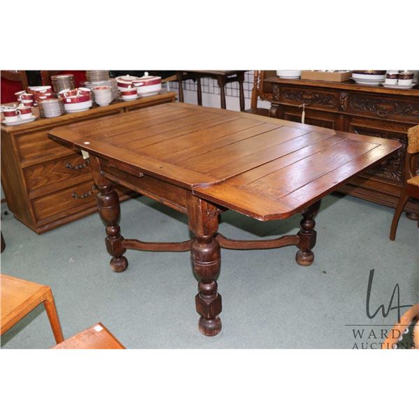 English quarter cut oak, Tudor style, draw leaf dining table, 36  square with two 13  leaves