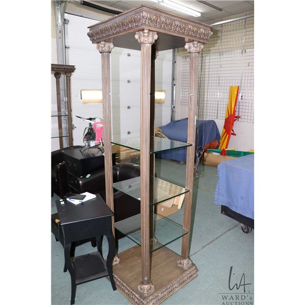 Semi contemporary Greek style, illuminated display stand with three glass shelves and provision for 