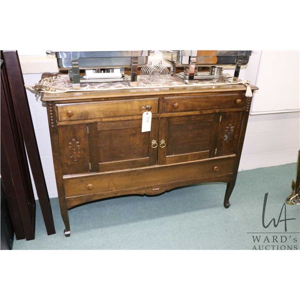 Antique walnut sideboard with attached carved decoration, 52  X 19  X 41  in height