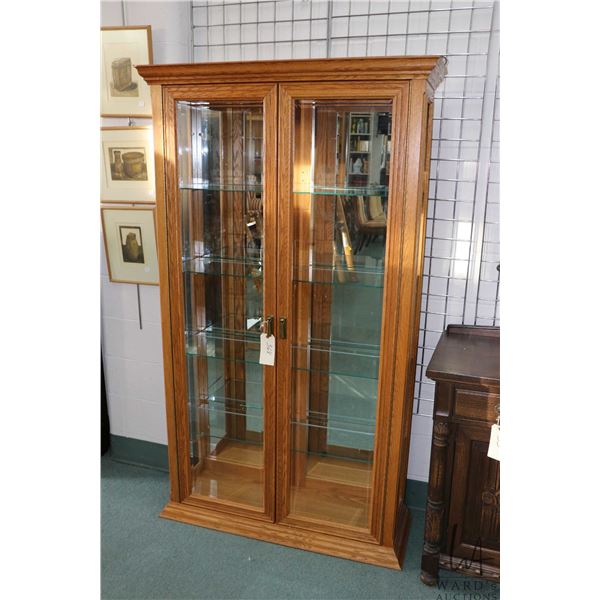 Modern two door illuminated curio cabinet with glass sides, beveled glass doors, mirrored back and f