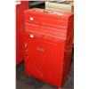 Image 1 : Craftsman two drawer tool box and a single drawer roll cabinet with assorted welding equipment inclu