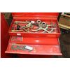 Image 2 : Craftsman two drawer tool box and a single drawer roll cabinet with assorted welding equipment inclu