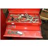 Image 2 : Craftsman two drawer tool box and a single drawer roll cabinet with assorted welding equipment inclu