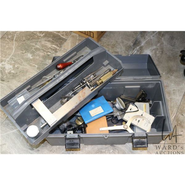 Plastic tool box and contents including micrometers, dial gauge ...