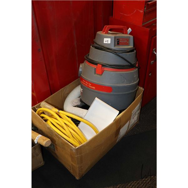 Five gallon shop vac with hose and accessories - working at time of cataloguing, plus three heavy du