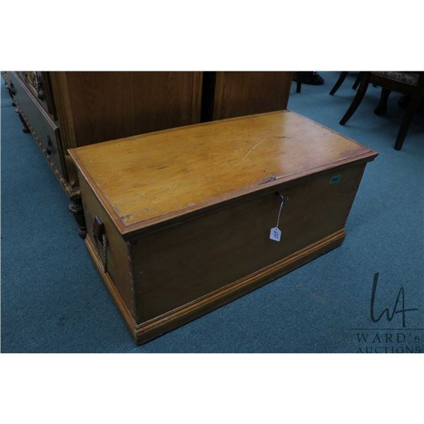 Antique wooden settler's trunk with hinged lid and small compartment inside, 38" X 18" X 18" in heig