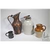 Image 1 : Two pieces of stoneware including 10" one gallon handled jug and a glazed pitcher plus a small pewte