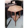 Image 1 : Flower motif carved wooden occasional table with hexagon carved table top and triangular under shelf