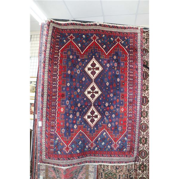 Vintage 100% Iranian wool  Shira  area carpet with triple medallions, blue background and highlights