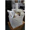 Image 1 : Two totes with sewing and quilting supplies including quilt batting, stabilizers, wool bags, aida cl