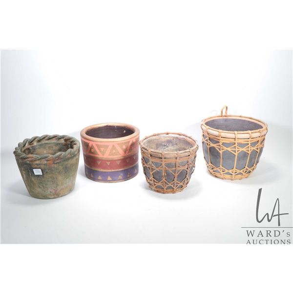 Four quality pottery planters with satin glaze and wicker wrapping