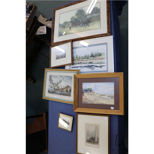 Seven framed artworks including prints, etching and two watercolours etc.