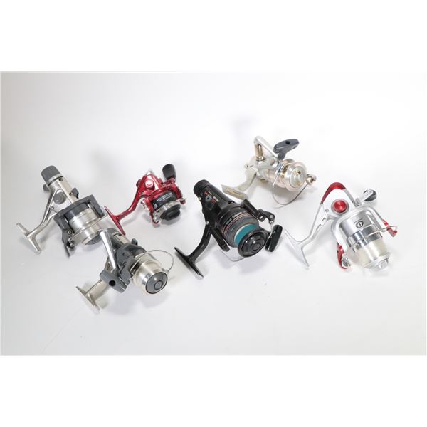 Six spinning fishing reels including two Shimano, two Daiwa, a Shakespeare and a Zebco