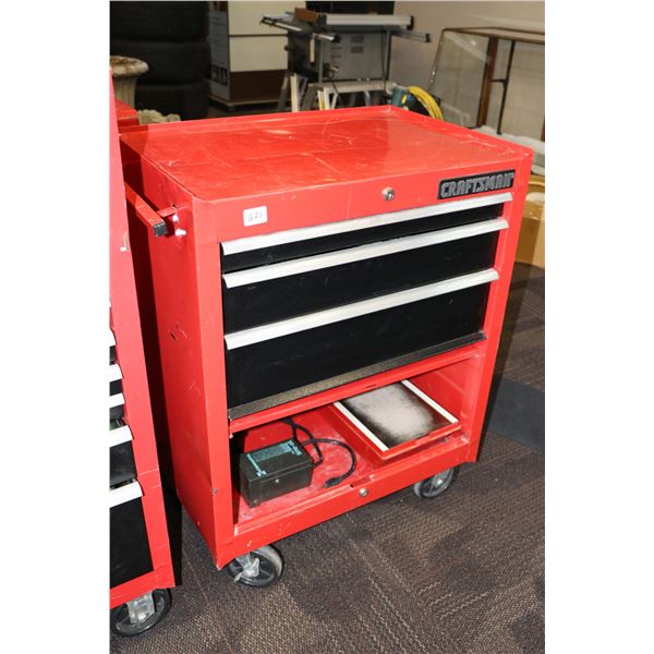 Craftsman three drawer roll cabinet and contents including pipe wrenches, vise grips, adjustable wre