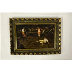 Oil painting signed Harry Franklin Waltman - Framed on canvas  The Duel .  Signed lower left.   Amer