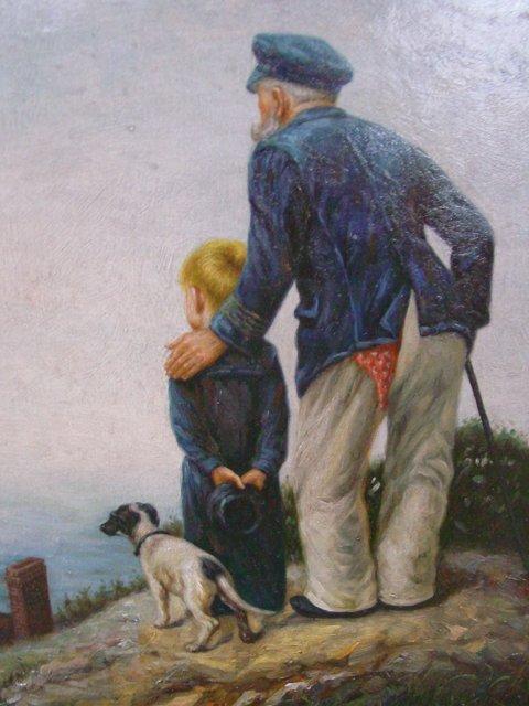 Gilt Framed Oil Painting On Board Old Man Child Dog Looking At Sea Approx 12 X 16
