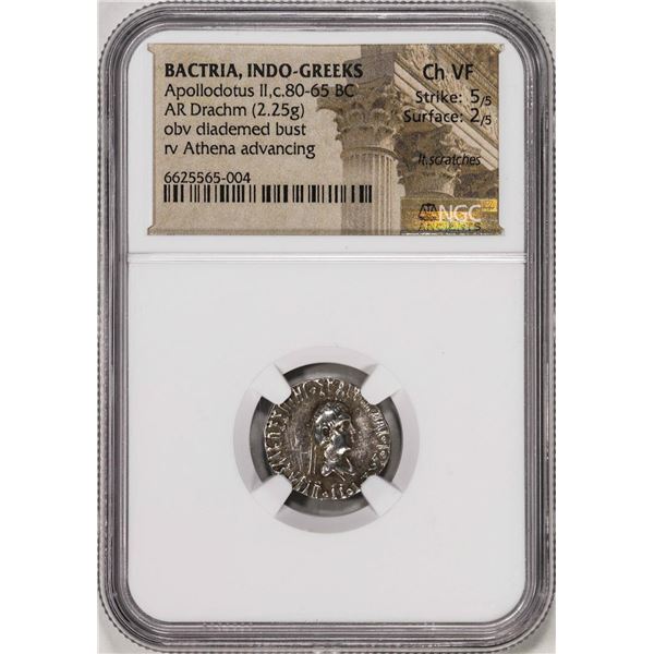 80-65 BC Bactria, Indo-Greeks Apollodotus II AR Drachm Ancient Coin NGC Ch VF