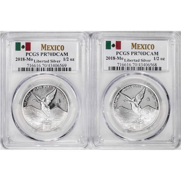 Lot of (2) 2018-Mo Mexico Proof 1/2 oz Silver Libertad Coins PCGS PR70DCAM