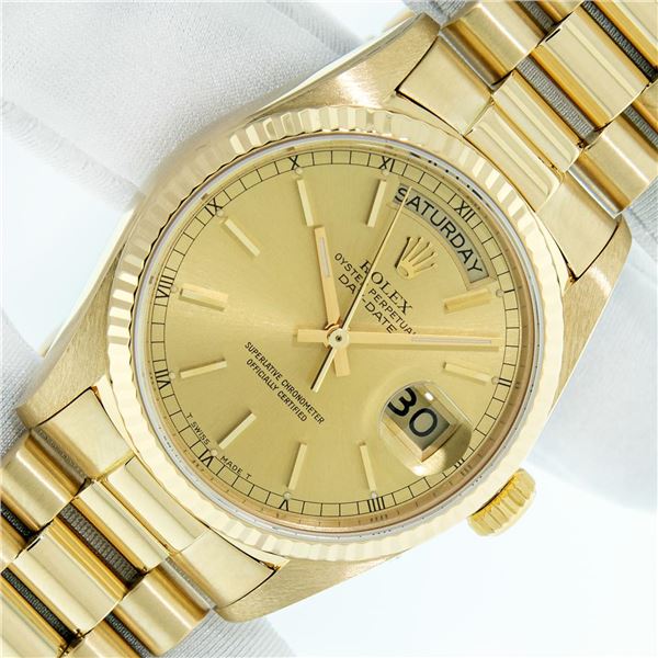 Rolex Men's 18K Yellow Gold Champagne Day Date President Watch With Rolex Box