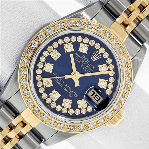 Rolex Ladies Two Tone Quickset Blue Diamond Datejust Wristwatch