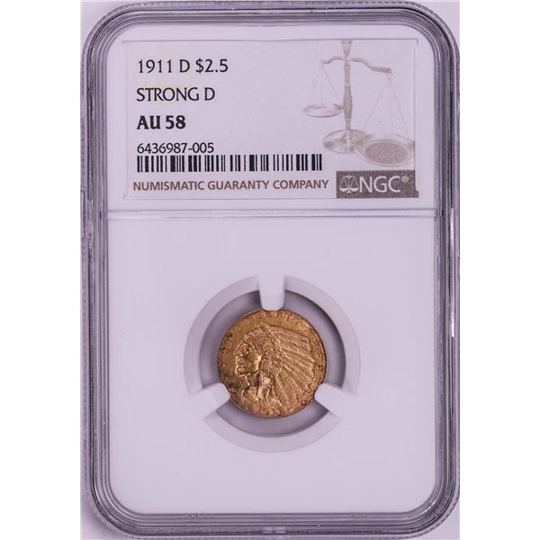 1911-D Strong D $2 1/2 Indian Quarter Eagle Gold Coin NGC AU58