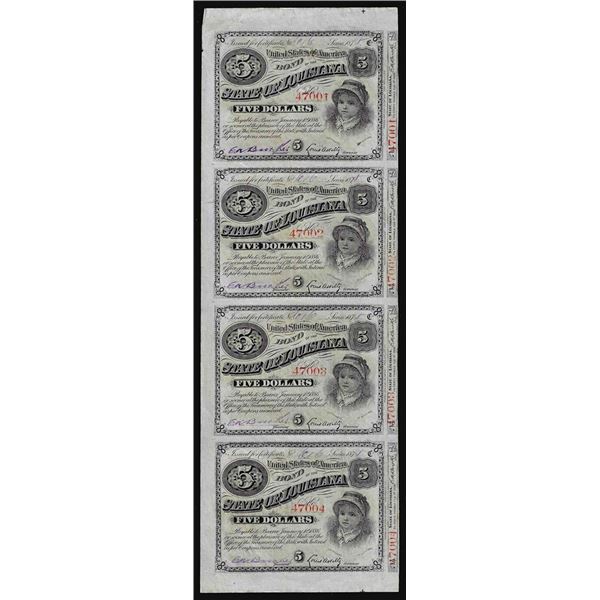 Uncut Sheet of (4) State of Louisiana Baby Bond Obsolete Notes