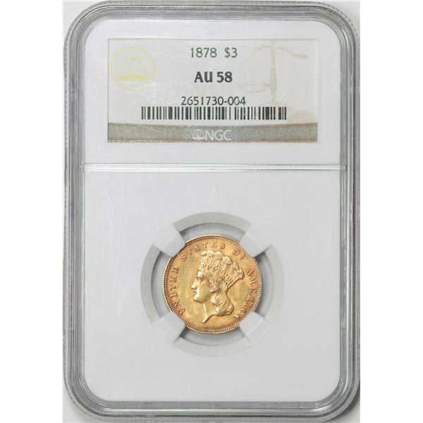 1878 $3 Indian Princess Head Gold Coin NGC AU58