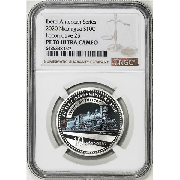 2020 Nicaragua 10 Cordobas Locomotive 25 Trains Silver Coin NGC PF70 Ultra Cameo