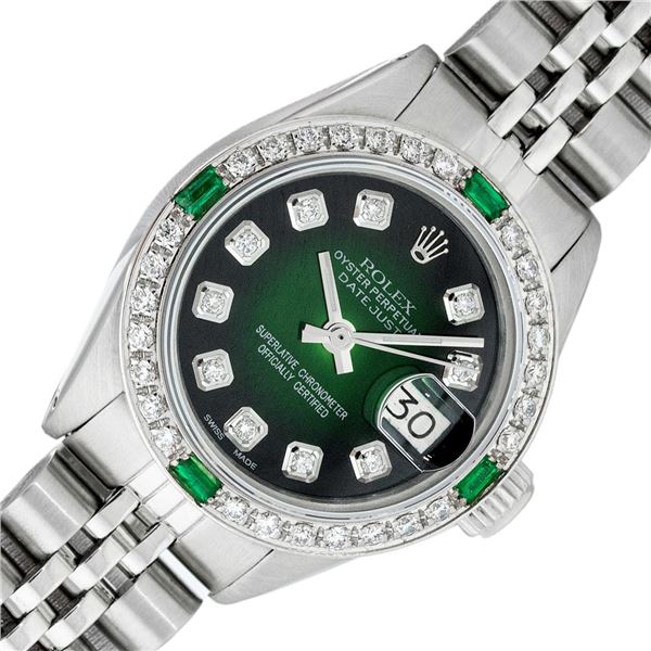 Rolex Ladies Stainless Steel Green Vignette Diamond Datejust Wristwatch