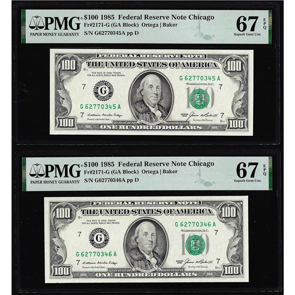 (2) Consecutive 1985 $100 Federal Reserve Notes Fr.2171-G PMG Superb Gem Unc 67EPQ