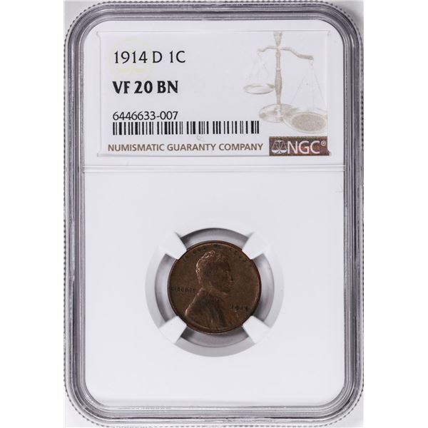 1914-D Lincoln Wheat Cent Coin NGC VF20 BN