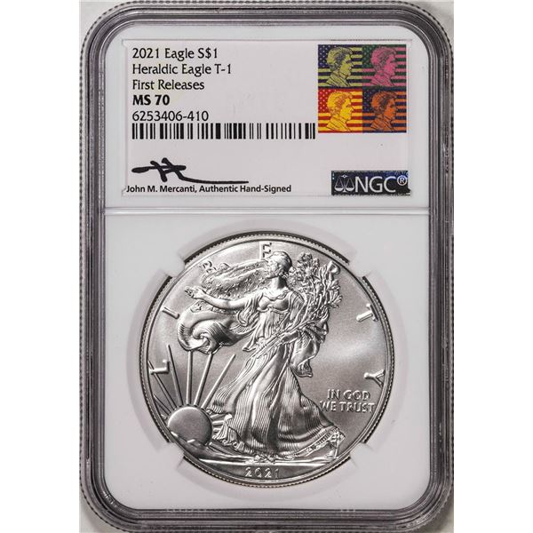 2021 Type 1 $1 American Silver Eagle Coin NGC MS70 First Releases Mercanti Signed