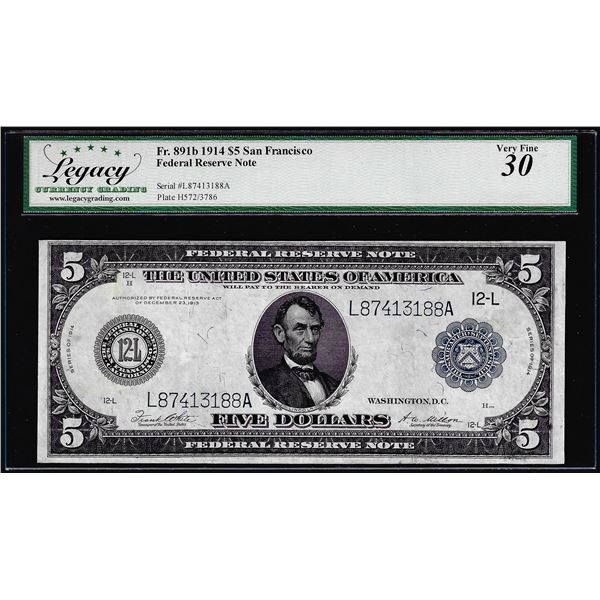 1914 $5 Federal Reserve Note San Francisco Fr.891b Legacy Very Fine 30