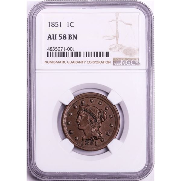 1851 Braided Hair Large Cent Coin NGC AU58BN